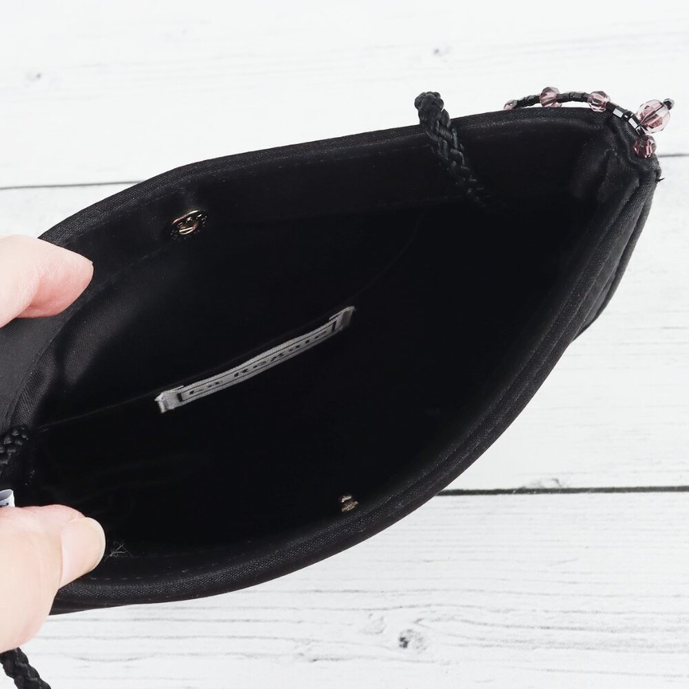 La Regale Black Satin Mini Crossbody or Clutch Bag Beaded Tassels Button Closure - Picture 6 of 8